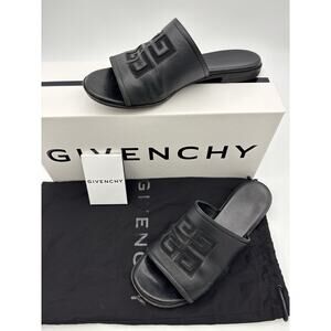 Authentic Givenchy Slides Flat Sandals Black Leather Mesh Logo Size 38.5 / 8.5
